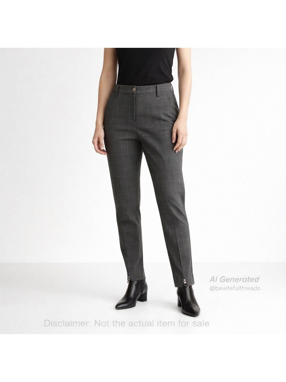 InWear Size 10 Grey Check Stretch Ankle Zip Pants Tailored Modern